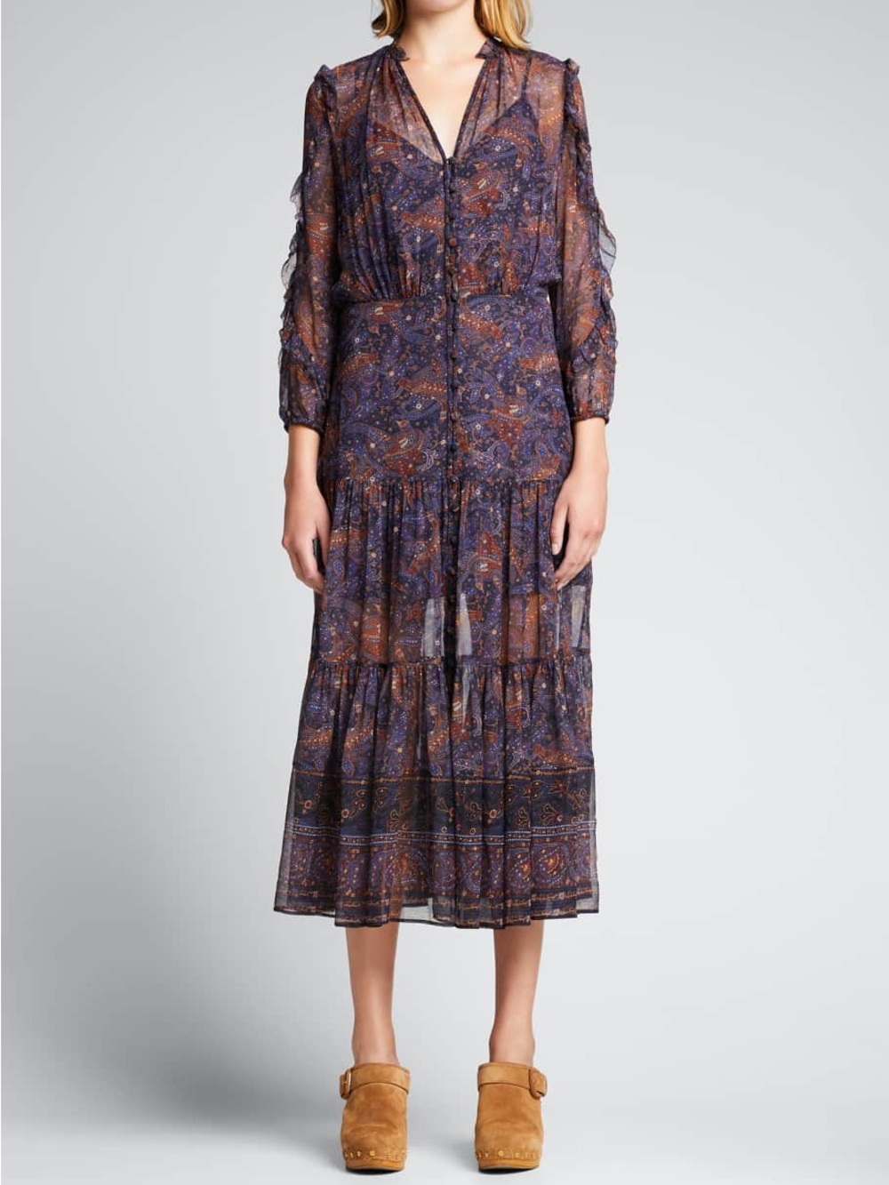 Veronica Beard Silk Navy and Brown Paisley Tiered Midi Dress